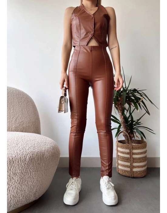 İki düğmeli deri yelek kahve s243001