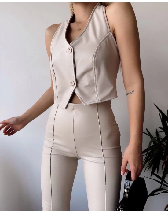 İki düğmeli deri yelek krem s243001