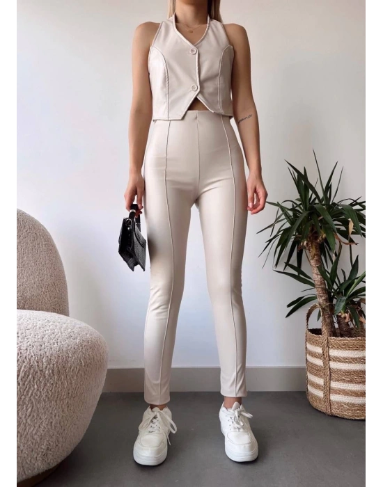 İki düğmeli deri yelek krem s243001