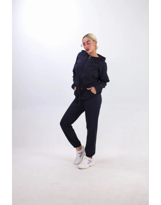 iki iplik Kapüşonlu Fermuarlı Crop Oversize Hırka Takım- Lacivert
