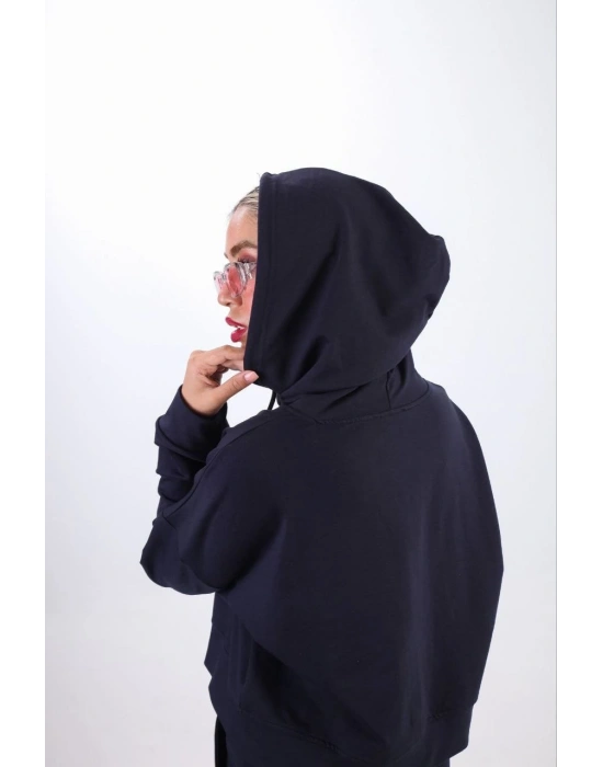 iki iplik Kapüşonlu Fermuarlı Crop Oversize Hırka Takım- Lacivert