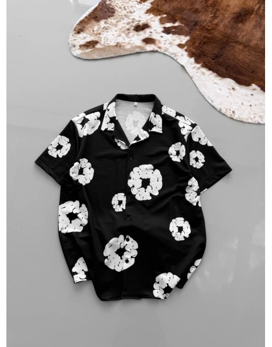 İki İplik Kumaş Baskılı Gömlek - Siyah