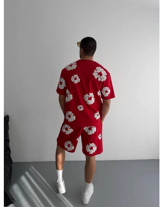 İki İplik Kumaş Baskılı T-shirt Şortlu Takım- Kırmızı