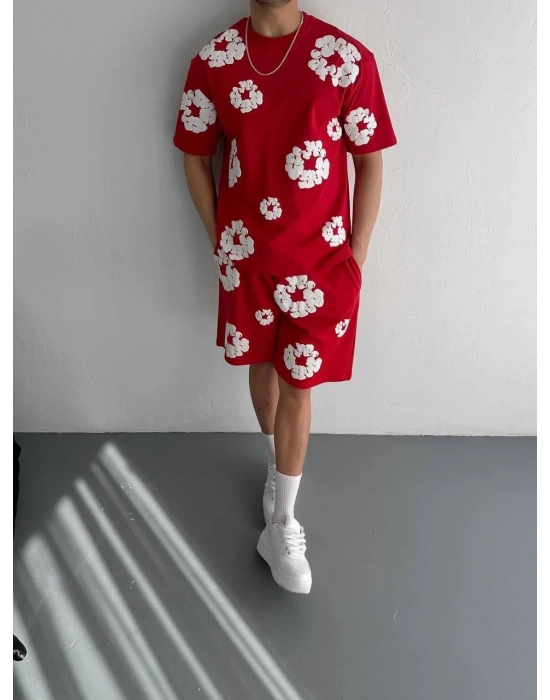 İki İplik Kumaş Baskılı T-shirt Şortlu Takım- Kırmızı