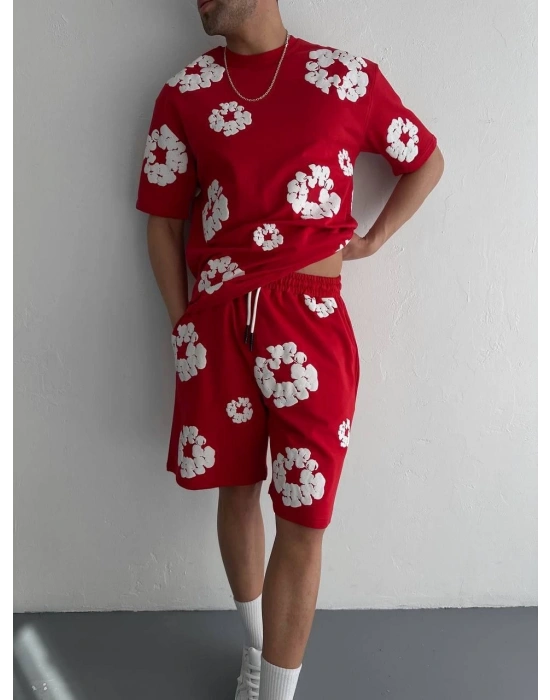 İki İplik Kumaş Baskılı T-shirt Şortlu Takım- Kırmızı