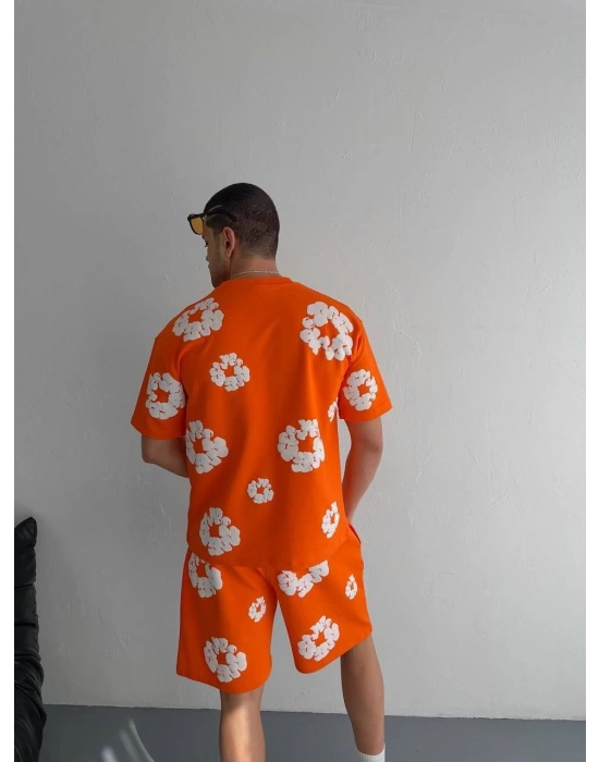 İki İplik Kumaş Baskılı T-shirt Şortlu Takım- Turuncu
