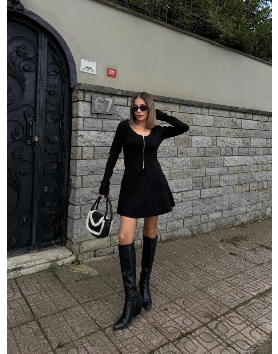 İkili Fermuarlı Hırkalı Etekli Takım - Siyah