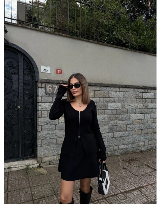 İkili Fermuarlı Hırkalı Etekli Takım - Siyah