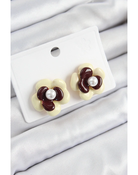 İnci Detaylı Krem Kahverengi Renk Papatya Model Kadın Küpe