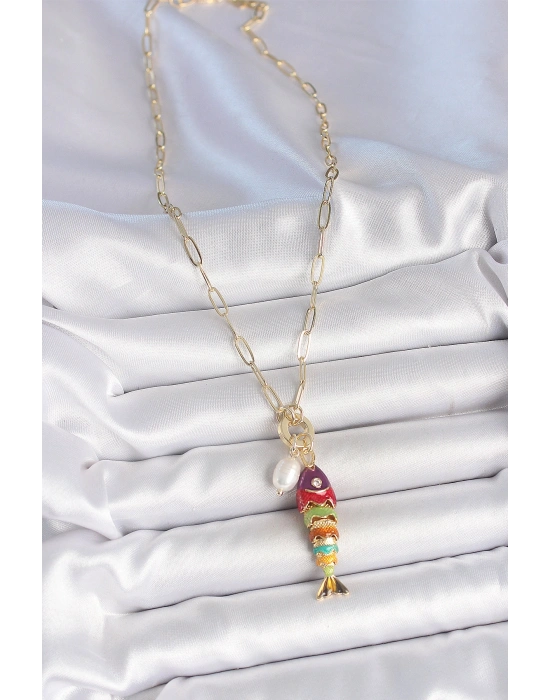 İnci Detaylı Zirkon Taşlı Rainbow Balık Figürlü Gold Renk Pirinç Kolye