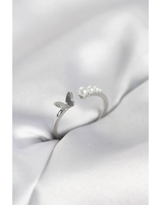 İncili Kelebek Model Gümüş Renk Pirinç Kadın Yüzük