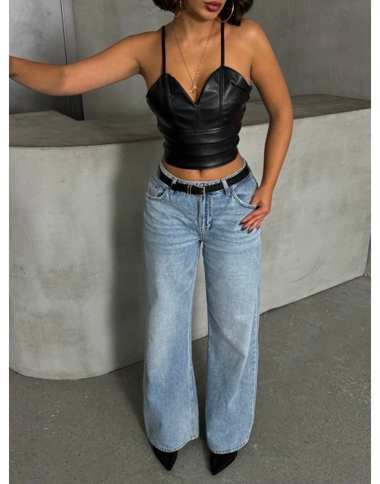 İp askılı yandan fermuarlı rastale deri crop siyah s24113