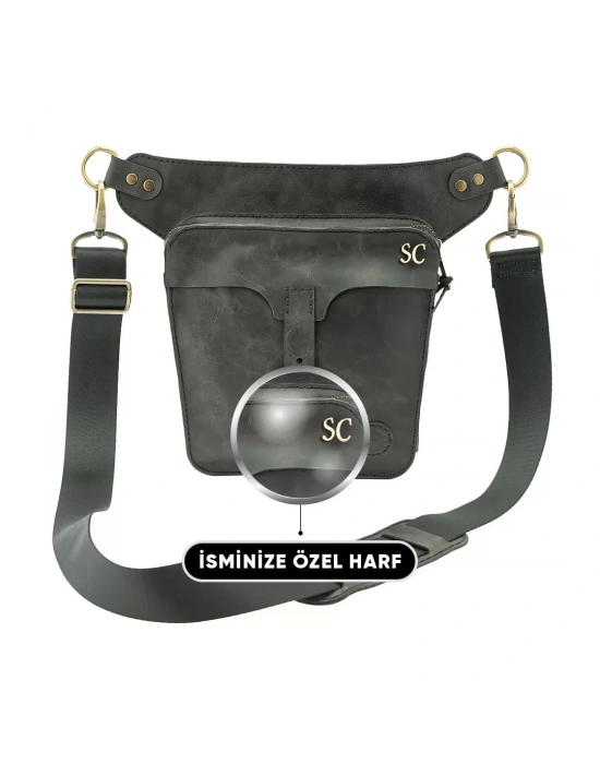 İsme Özel All in One Bel ve Bacak Çantası - %100 Deri - AC15001 - Antrasit