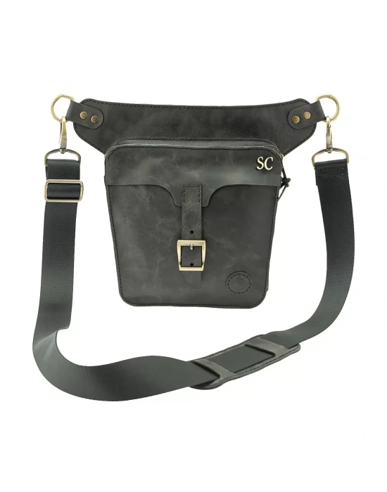 İsme Özel All in One Bel ve Bacak Çantası - %100 Deri - AC15001 - Antrasit