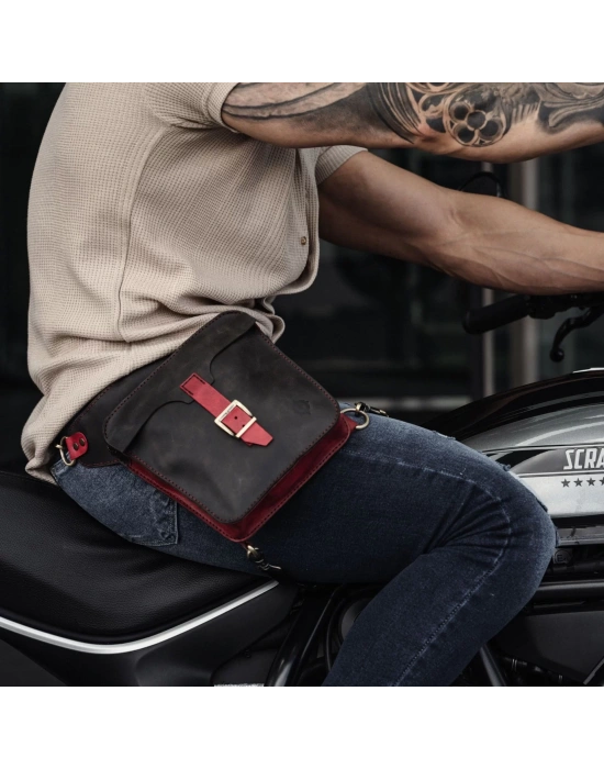 İsme Özel All in One Bel ve Bacak Çantası - %100 Deri - AC15001 - Kırmızı/Antrasit