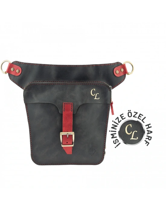 İsme Özel All in One Bel ve Bacak Çantası - %100 Deri - AC15001 - Kırmızı/Antrasit