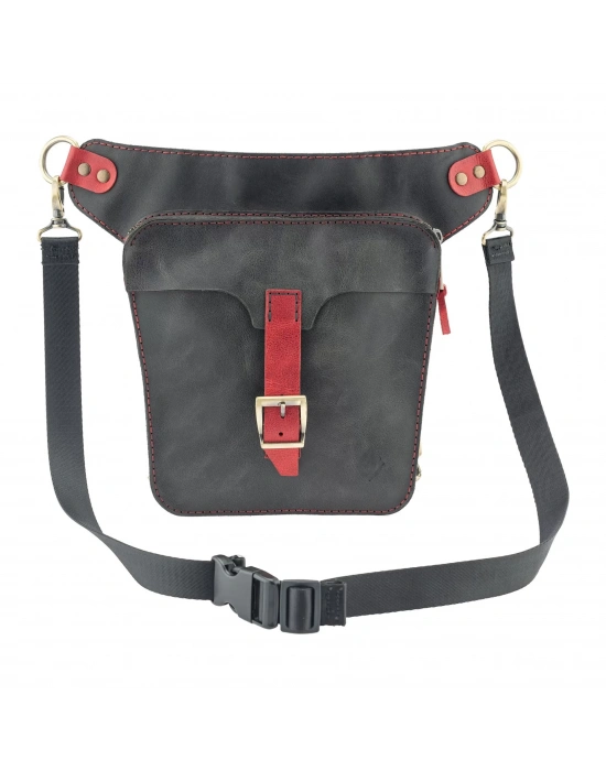 İsme Özel All in One Bel ve Bacak Çantası - %100 Deri - AC15001 - Kırmızı/Antrasit