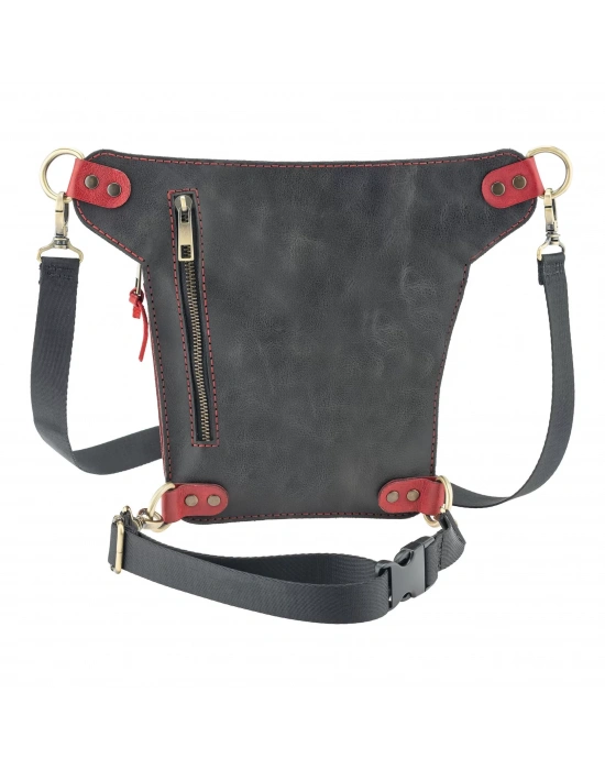 İsme Özel All in One Bel ve Bacak Çantası - %100 Deri - AC15001 - Kırmızı/Antrasit