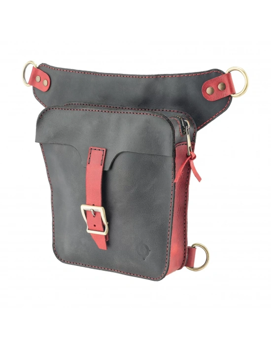 İsme Özel All in One Bel ve Bacak Çantası - %100 Deri - AC15001 - Kırmızı/Antrasit