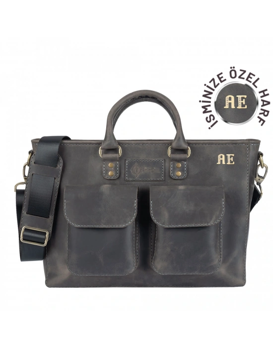 İsme Özel Askılı Cepli Evrak - Laptop Çantası - %100 Crazy Deri - AC09003 - Antrasit