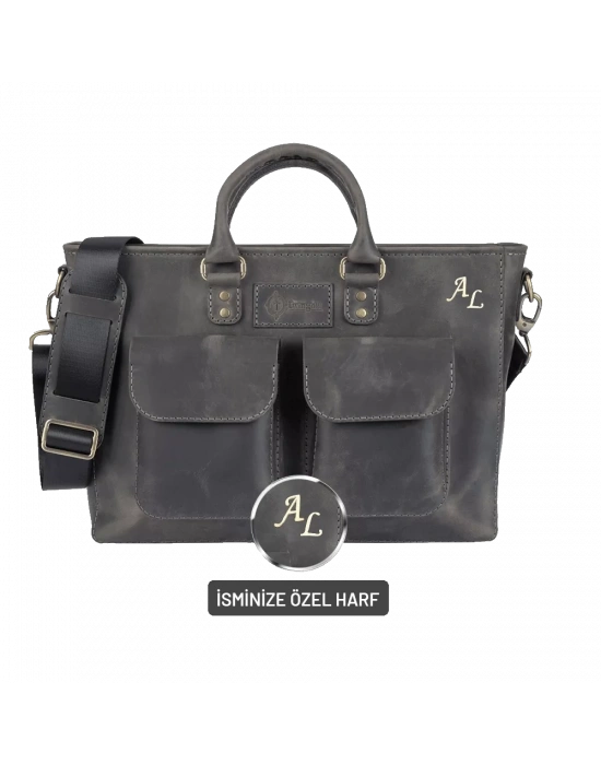 İsme Özel Askılı Cepli Evrak - Laptop Çantası - %100 Crazy Deri - AC09003 - Antrasit