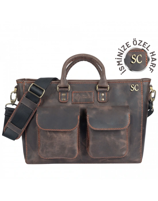 İsme Özel Askılı Cepli Evrak - Laptop Çantası - %100 Crazy Deri - AC09003 - Kahverengi