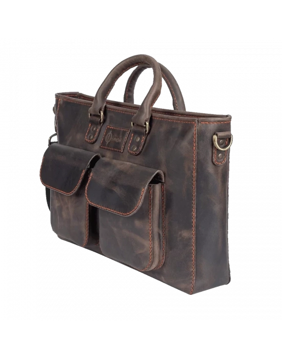 İsme Özel Askılı Cepli Evrak - Laptop Çantası - %100 Crazy Deri - AC09003 - Kahverengi