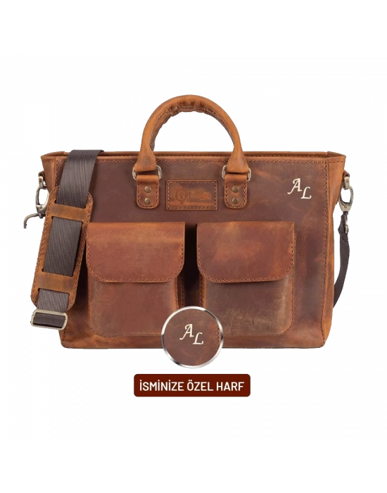 İsme Özel Askılı Cepli Evrak - Laptop Çantası - %100 Crazy Deri - AC09003 - Taba