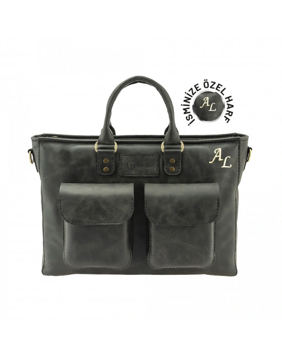 İsme Özel Askılı Cepli Evrak - Laptop Çantası - %100 Rainbow Deri - AC09002 - Antrasit