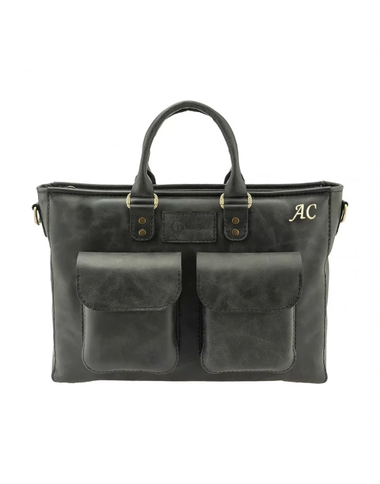 İsme Özel Askılı Cepli Evrak - Laptop Çantası - %100 Rainbow Deri - AC09002 - Antrasit