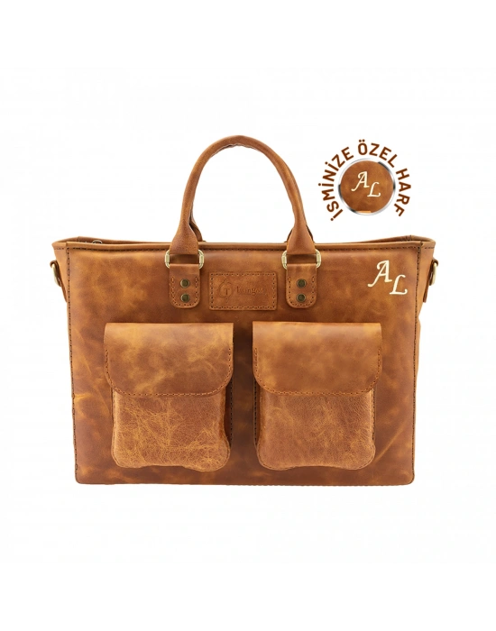 İsme Özel Askılı Cepli Evrak - Laptop Çantası - %100 Rainbow Deri - AC09002 - Camel