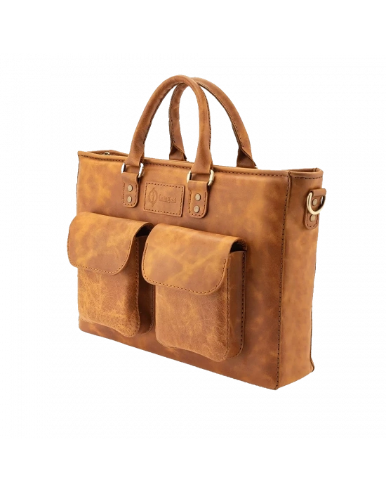 İsme Özel Askılı Cepli Evrak - Laptop Çantası - %100 Rainbow Deri - AC09002 - Camel