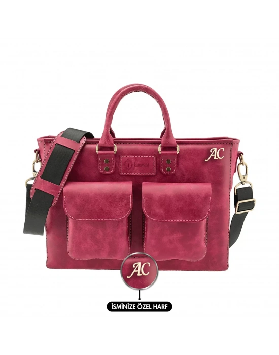 İsme Özel Askılı Cepli Evrak - Laptop Çantası - %100 Rainbow Deri - AC09002 - Fuşya