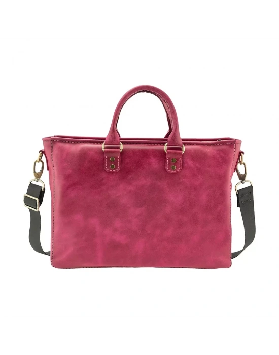 İsme Özel Askılı Cepli Evrak - Laptop Çantası - %100 Rainbow Deri - AC09002 - Fuşya