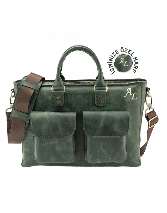 İsme Özel Askılı Cepli Evrak - Laptop Çantası - %100 Rainbow Deri - AC09002 - Haki