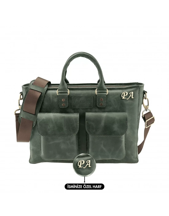 İsme Özel Askılı Cepli Evrak - Laptop Çantası - %100 Rainbow Deri - AC09002 - Haki