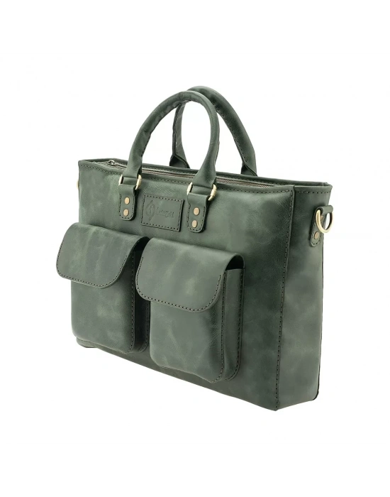 İsme Özel Askılı Cepli Evrak - Laptop Çantası - %100 Rainbow Deri - AC09002 - Haki