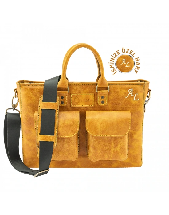 İsme Özel Askılı Cepli Evrak - Laptop Çantası - %100 Rainbow Deri - AC09002 - Hardal Sarısı