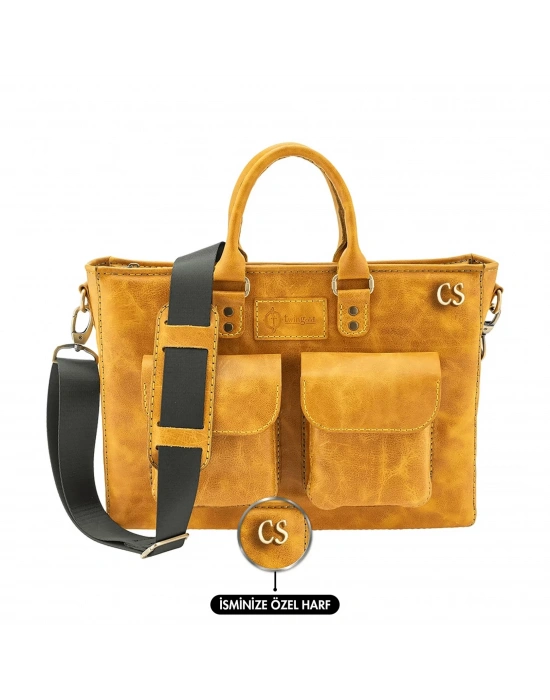İsme Özel Askılı Cepli Evrak - Laptop Çantası - %100 Rainbow Deri - AC09002 - Hardal Sarısı