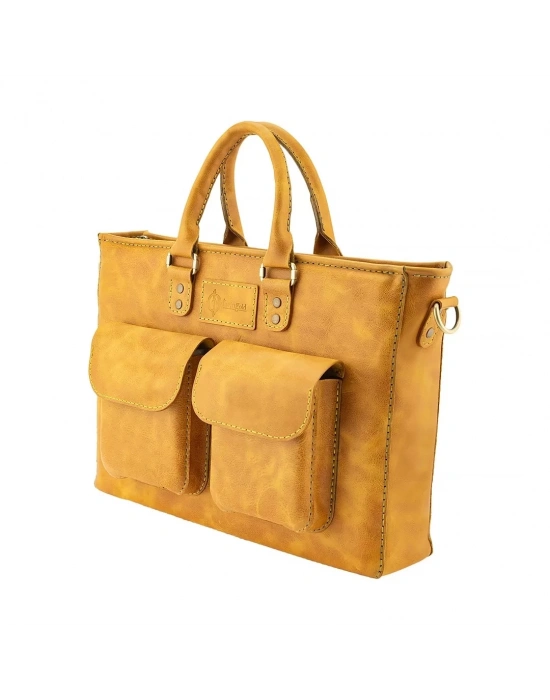 İsme Özel Askılı Cepli Evrak - Laptop Çantası - %100 Rainbow Deri - AC09002 - Hardal Sarısı