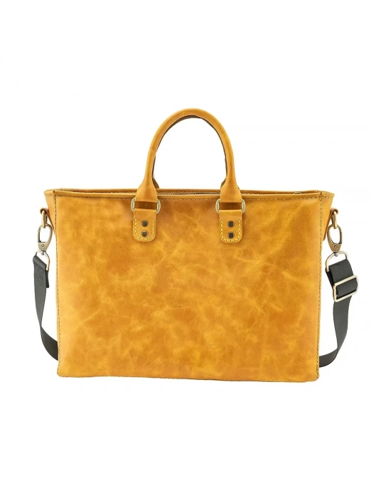 İsme Özel Askılı Cepli Evrak - Laptop Çantası - %100 Rainbow Deri - AC09002 - Hardal Sarısı