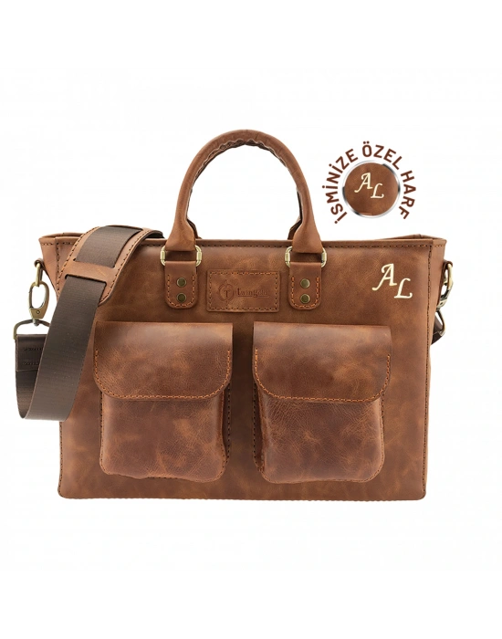 İsme Özel Askılı Cepli Evrak - Laptop Çantası - %100 Rainbow Deri - AC09002 - Kahverengi