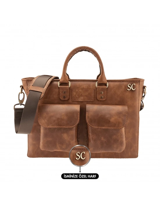 İsme Özel Askılı Cepli Evrak - Laptop Çantası - %100 Rainbow Deri - AC09002 - Kahverengi