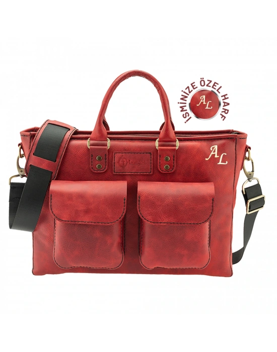 İsme Özel Askılı Cepli Evrak - Laptop Çantası - %100 Rainbow Deri - AC09002 - Kırmızı
