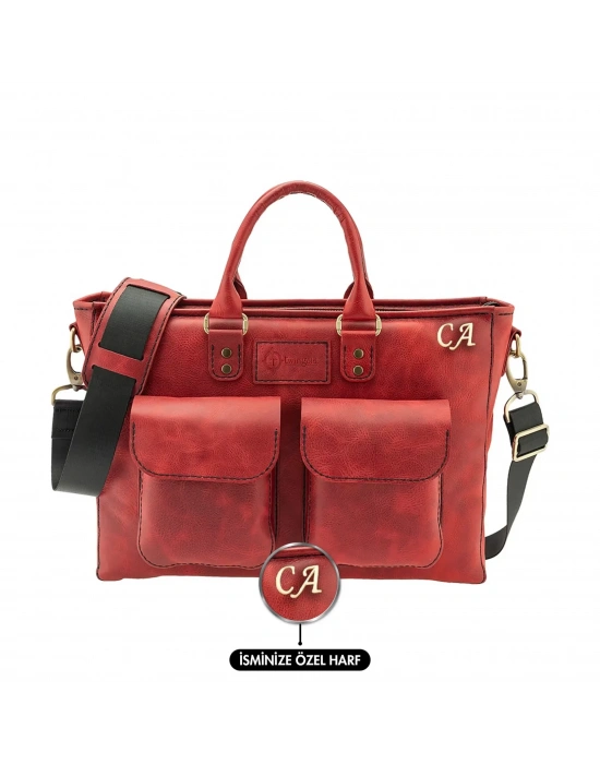 İsme Özel Askılı Cepli Evrak - Laptop Çantası - %100 Rainbow Deri - AC09002 - Kırmızı