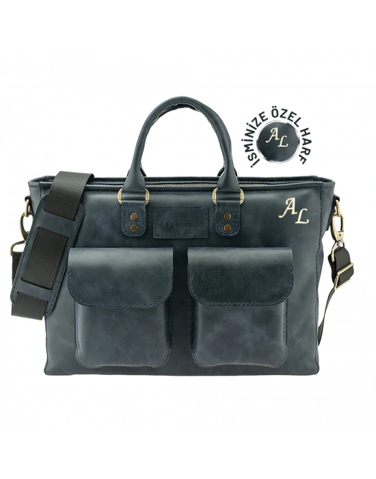İsme Özel Askılı Cepli Evrak - Laptop Çantası - %100 Rainbow Deri - AC09002 - Lacivert