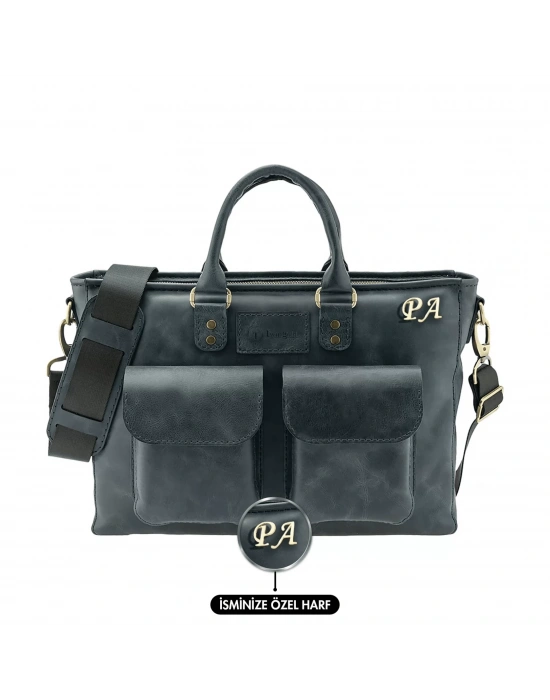 İsme Özel Askılı Cepli Evrak - Laptop Çantası - %100 Rainbow Deri - AC09002 - Lacivert