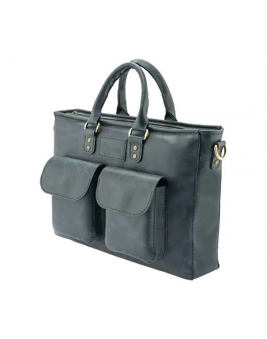 İsme Özel Askılı Cepli Evrak - Laptop Çantası - %100 Rainbow Deri - AC09002 - Lacivert