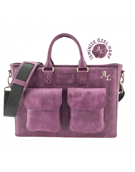 İsme Özel Askılı Cepli Evrak - Laptop Çantası - %100 Rainbow Deri - AC09002 - Mor