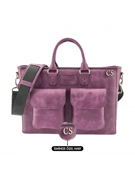 İsme Özel Askılı Cepli Evrak - Laptop Çantası - %100 Rainbow Deri - AC09002 - Mor